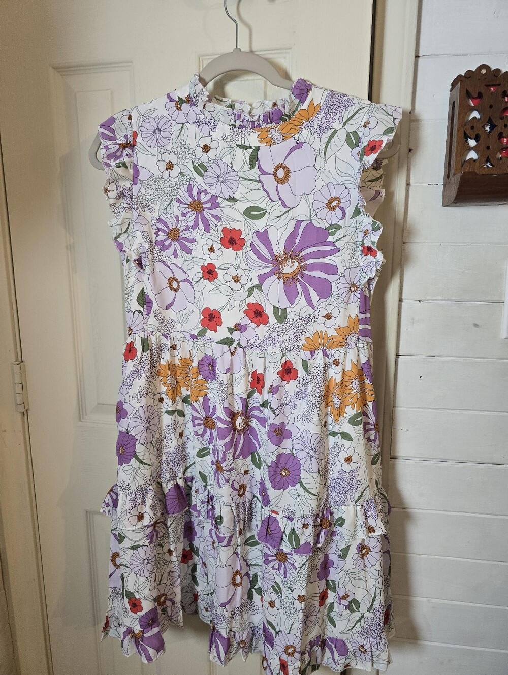 Women's White Floral Ruffle Dress with Purple & Orange Blooms